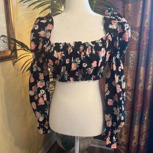 H&M Floral Black Puff Sleeve, Crop Top